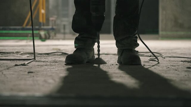 Construction Worker Drilling Into Concrete Floor