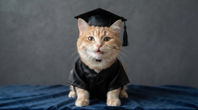 Cute ginger cat wearing graduation cap and gown