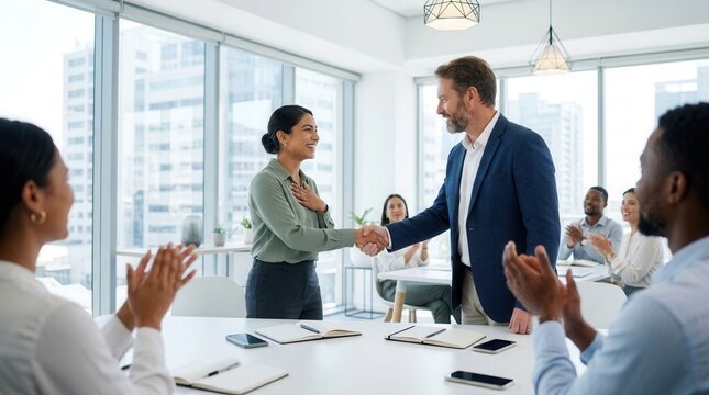 Indian female employee receiving appreciation and recognition from her boss with a handshake and colleagues clapping.