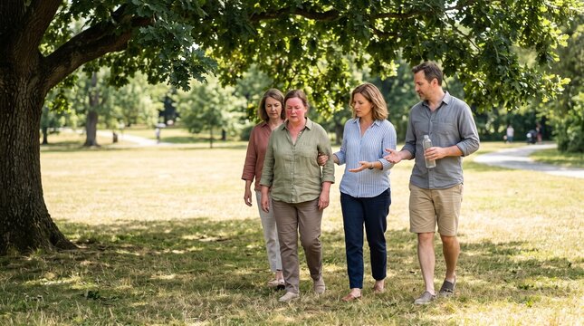 Neighbors guide a warm adult beneath a park tree