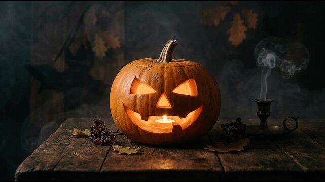 Carved jack o lantern pumpkin glowing on a rustic wooden table. Spooky atmospheric smoke swirls around a candlelit holiday display. Halloween 2026 celebration and festive seasonal party.