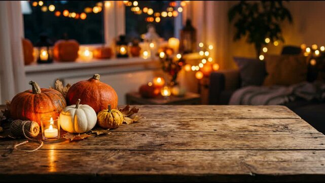 Assorted pumpkins and lit candle on rustic wooden table indoors. Warm autumn evening ambiance and festive holiday preparation. Halloween 2026 festive seasonal celebration concept.