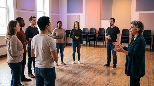 Adults practice group breathing during choir warmup