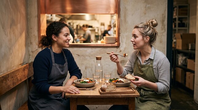 Hospitality coworkers share a quiet meal before work