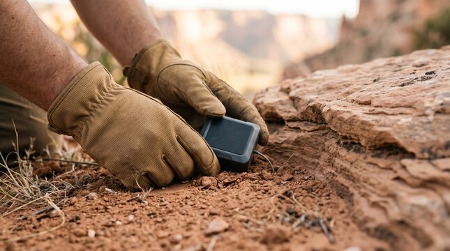 Hands position a compact quantum magnetometer in soil