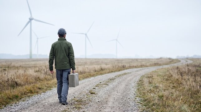 Technician walks an autumn wind farm access road