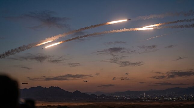 Military rocket launch at dusk, glowing missile trails in night sky, artillery fire over mountain landscape, defense system operation