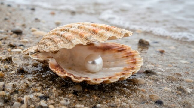 Shiny pearl inside an open scallop seashell on a sandy beach