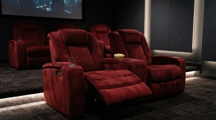 Obraz premium Red velvet cinema recliners in a luxury home theater