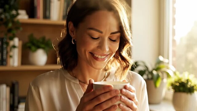 Happy woman drinks hot coffee near window. Smiling female enjoys morning coffee at home. Young woman holding coffee cup smiles. Relaxed lady drinking tea in warm sunlight. Cozy home morning lifestyle.
