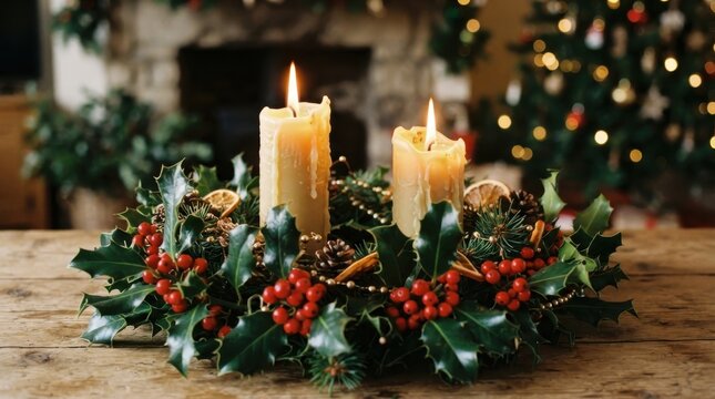 Christmas advent wreath with two burning candles and holly berries