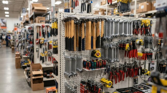 Assorted hand tools displayed on pegboard in a retail hardware store