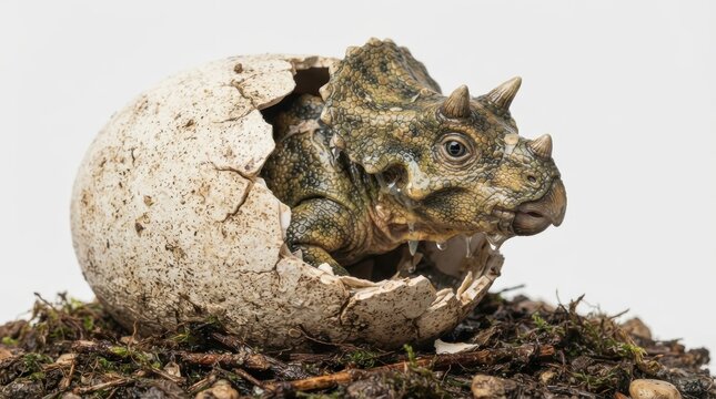 Baby triceratops dinosaur hatching from an egg