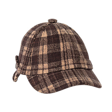 A brown checkered deerstalker hat with a classic Sherlock Holmes-inspired design, showing the traditional pattern and structured shape, isolated on transparent background for easy integration.