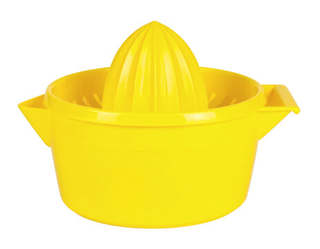 A manual yellow citrus juicer in side view, featuring a sturdy plastic body with a bright yellow finish, isolated on transparent background, perfect for kitchenware and healthy lifestyle themes.