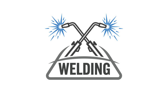 Professional welding logo design featuring crossed torches with bright blue sparks on a clean white background