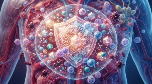 Immune system defense shield with vitamins and cells inside human body
