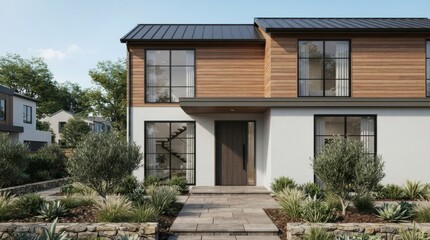 Fototapeta premium Modern two-story house exterior with wood siding and stone path