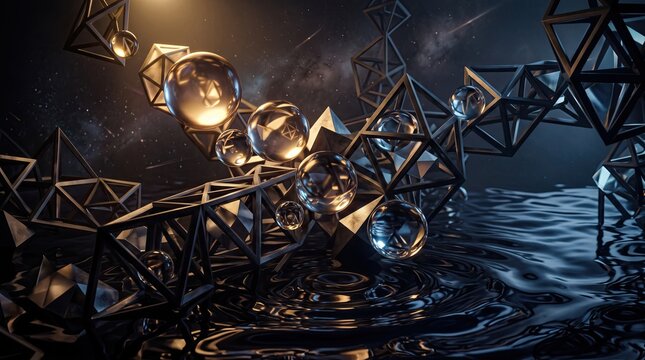 Futuristic geometric abstract with glass spheres and wireframe structures. Dark cosmic background with glowing orbs and liquid ripples.