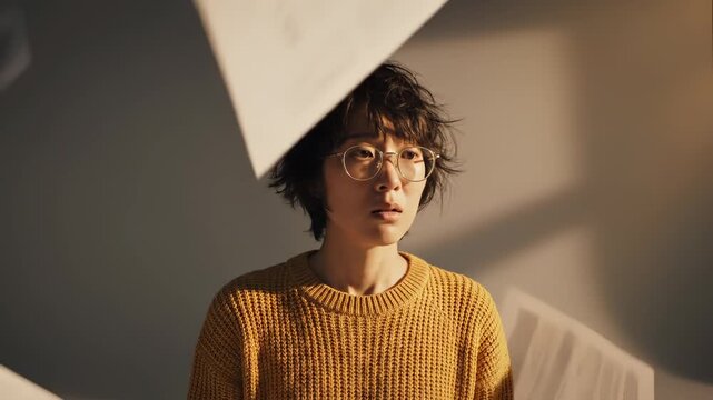 Woman with glasses stands in room with dramatic shadow light on wall. Female with glasses looks at camera with neutral expression. Woman stands in room with dramatic shadow light pattern.