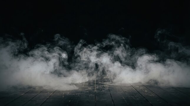 Dense white smoke or fog rolling over dark wooden floorboards
