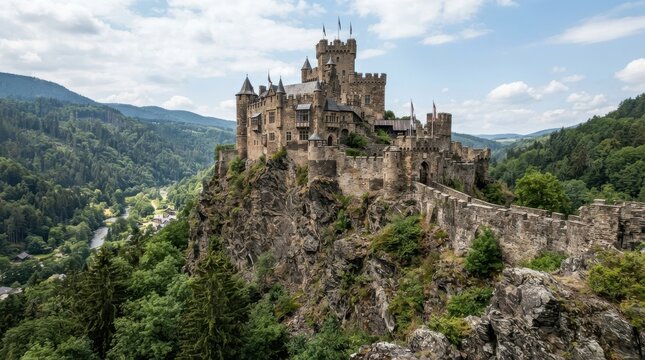 Medieval castle on a rocky cliff surrounded by lush green forests and mountains