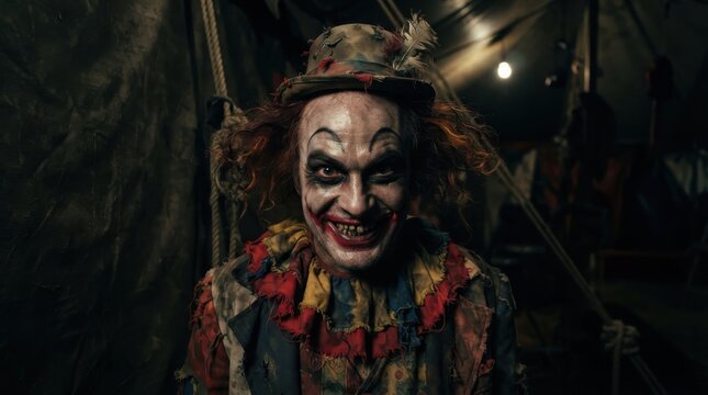 Scary evil clown with creepy smile in dark circus tent