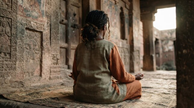 Woman meditating in lotus position inside ancient temple