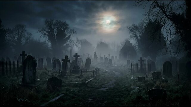 Spooky graveyard with old headstones and crosses under a glowing moon. Eerie atmospheric fog rolling across dark melancholy graves. halloween 2026 eerie horror night and spooky theme concept.