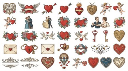 Fototapeta premium Vintage Valentine love elements and romantic symbols illustration set