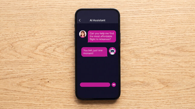 Overhead shot of smartphone on wood table featuring AI Assistant chat seeking affordable flights to Arkansas