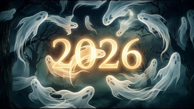 Glowing number 2026 with flying white spirits in a spooky forest at night. Spooky seasonal celebration with mysterious ghostly presence. Halloween 2026 festive dark fantasy holiday greeting.