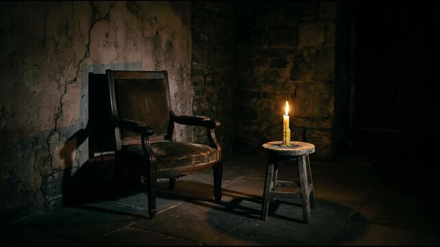 An empty armchair and a lit candle on a small stool in a dark room. Creating a spooky atmosphere with eerie shadows and mystery. Halloween 2026 eerie horror background and design concept.