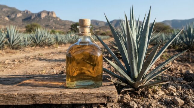 Bottle of golden tequila on wooden board in agave plantation field