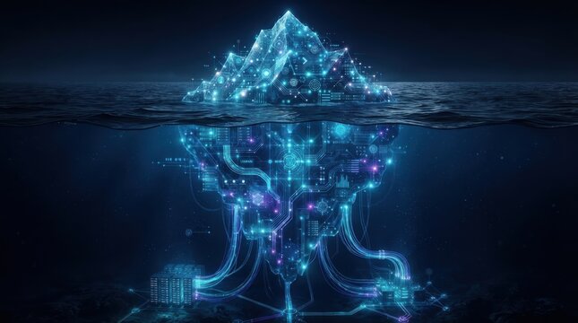Digital iceberg concept with circuit board and data networks underwater