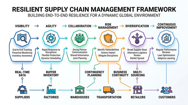 Resilient supply chain management framework infographic. Business logistics strategy diagram for risk management and global operations.