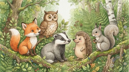 Fototapeta premium Cute cartoon woodland animals together in a forest