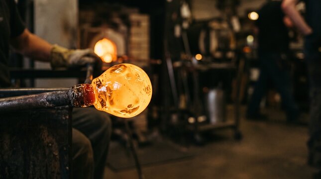 Artisan glassblower shaping molten glass on a blowpipe in a traditional workshop studio.