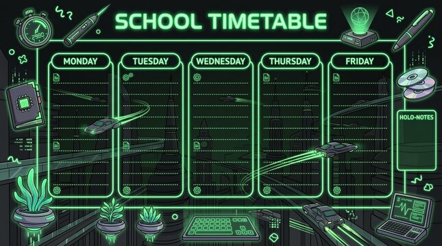 Futuristic school timetable with neon green sci-fi city theme and flying cars