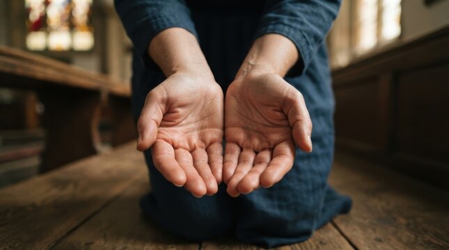 Person kneeling with cupped hands outstretched in church