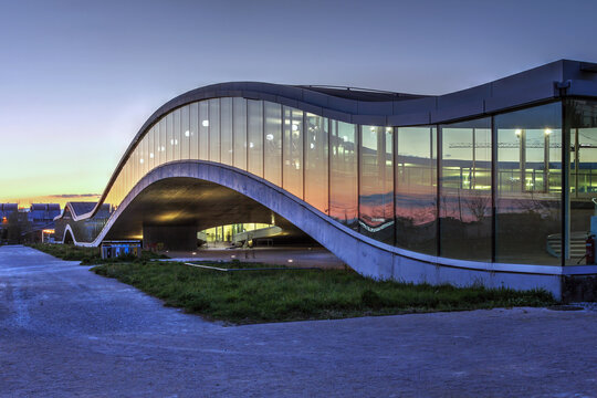 Rolex Learning Center EPFL (Swiss Federal Institute of Technology) at sunset, Lausanne, Switzerland