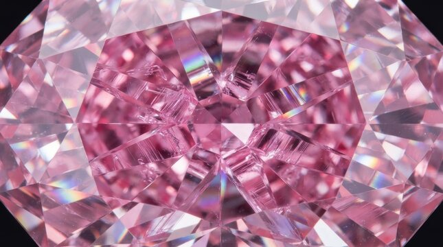 Macro close-up of a faceted pink diamond gemstone with brilliant cut and sparkles