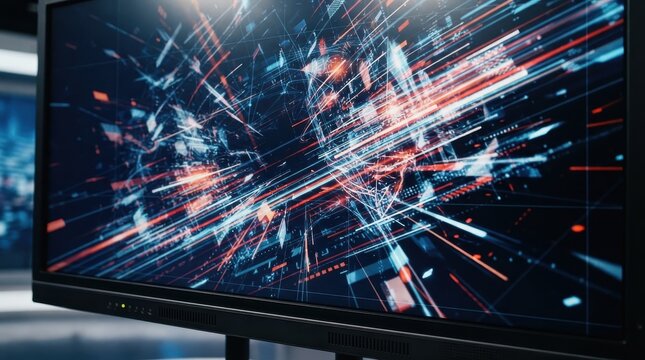 Digital data visualization on a modern screen with glowing lines and abstract network