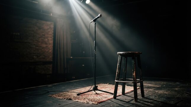Microphone stand and wooden stool on a dark stage with spotlight