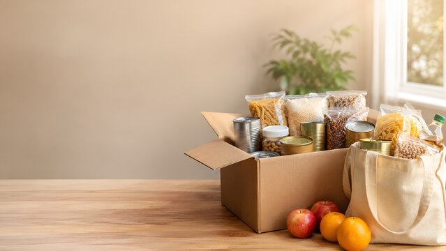 interior of living room Food Donation Box with Nonperishable Groceries for Community Food Bank