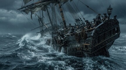 Obraz premium Historical sailing ship battling a fierce storm at sea with rough waves