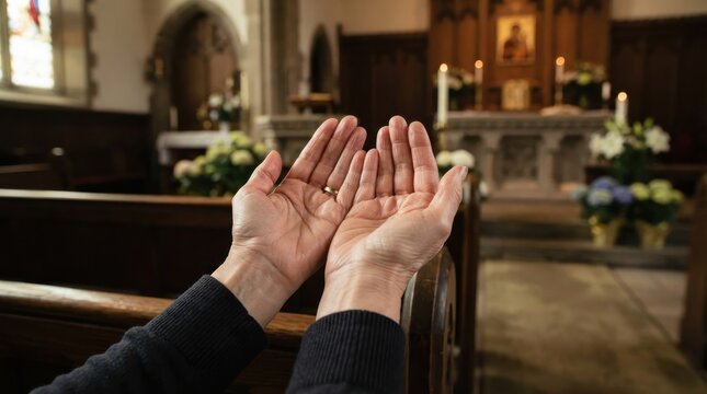 Person holding hands open in prayer inside a church