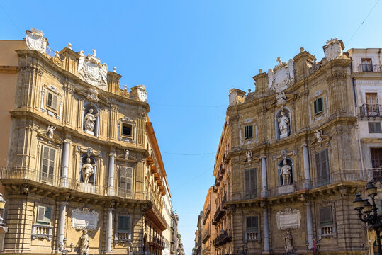 Baroque facades of Quattro Canti in Palermo, Sicily