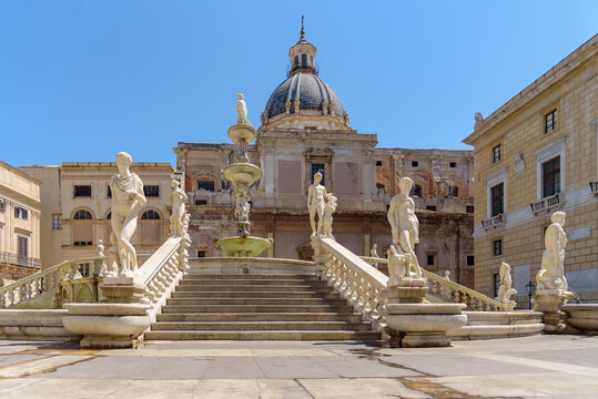 Fontana Pretoria and San Giuseppe dome in Palermo, Sicily