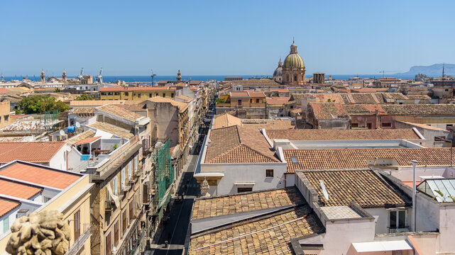 Palermo rooftops with San Giuseppe dome and Mediterranean Sea